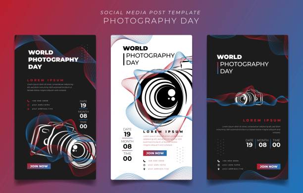 Social media post template design with camera illustration for world photography day design Social media post template design with camera illustration for world photography day competition photos stock illustrations