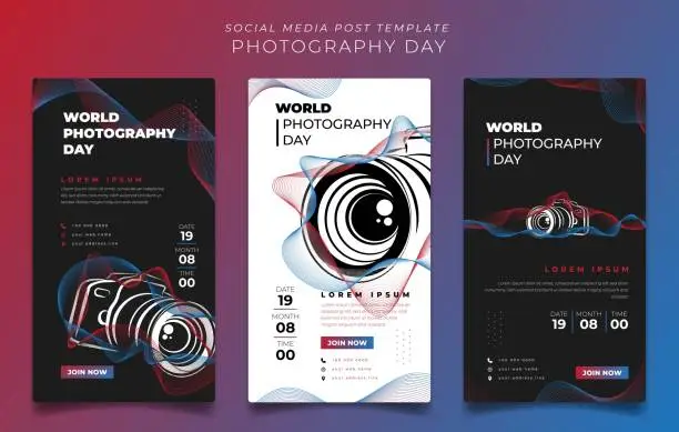 Vector illustration of Social media post template design with camera illustration for world photography day design