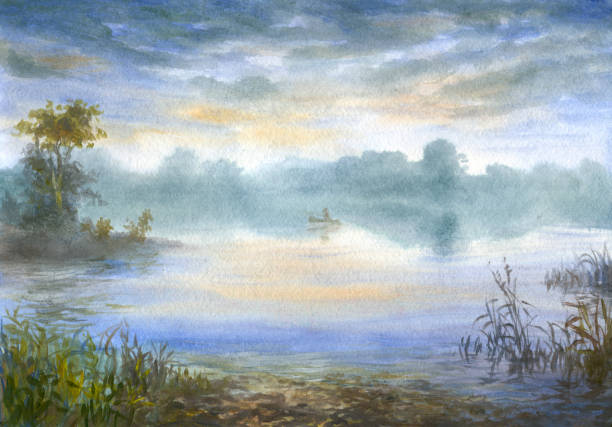 istock Summer morning on the river, watercolor painting 1409046339