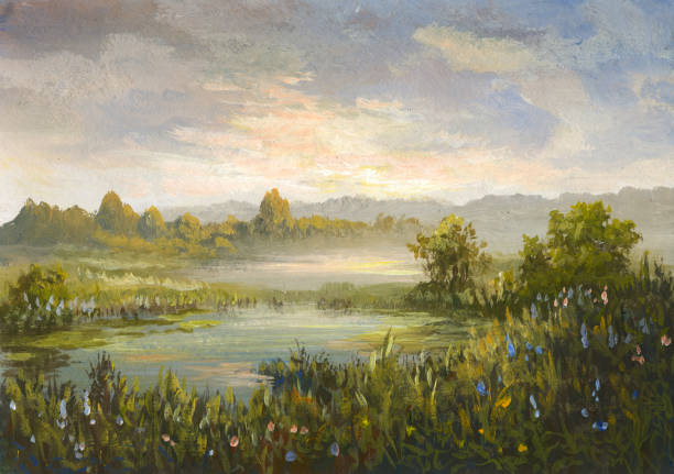 Wet meadow, evening study oil painting vector art illustration
