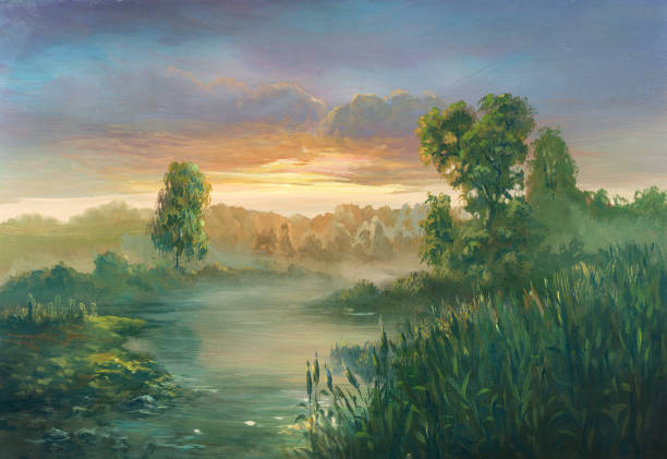istock Summer sunset on the river, oil painting 1409046341