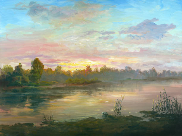ilustrações de stock, clip art, desenhos animados e ícones de sunset on the river, oil painting - panorama picture