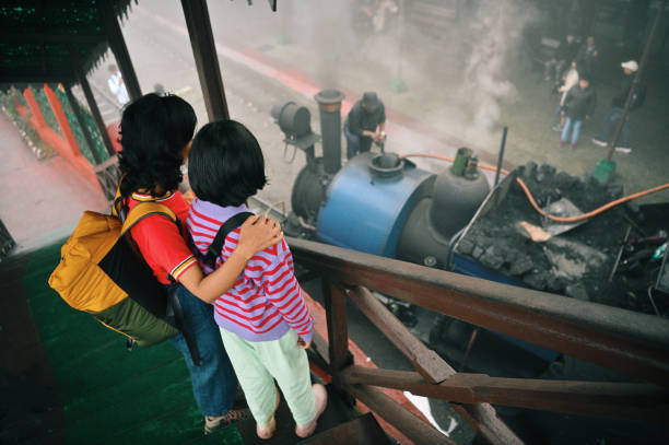 Mother and daughter looking at a steam train standing on a railway bridge in Darjeeling