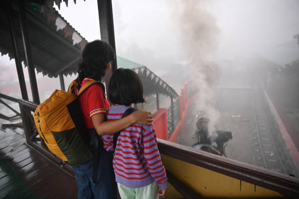 istock Mother and daughter looking at a steam train 1409049861