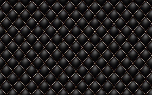 Black buttoned luxury leather pattern with golden diagonal wire waves. Vector premium seamless background diamond shape elements. Luxury pattern for page fill, wrapping paper, wallpaper.