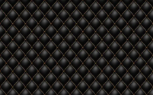 Vector illustration of Black buttoned luxury leather pattern with golden diagonal wire waves. Vector premium seamless background diamond shape elements. Luxury pattern for page fill, wrapping paper, wallpaper