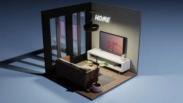 Isometric room with furniture, decaration, flower and lights.