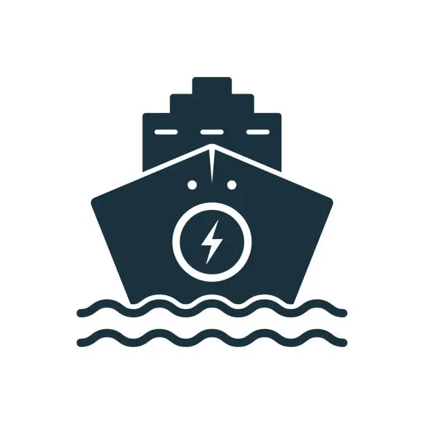 Vector illustration of Electro Ship Silhouette Black Icon. Ecology Marine Sign for Freight, Passenger Travel. Vessel Alternative Eco Transportation Icon. Electric Cargo Boat Pictogram. Isolated Vector Illustration