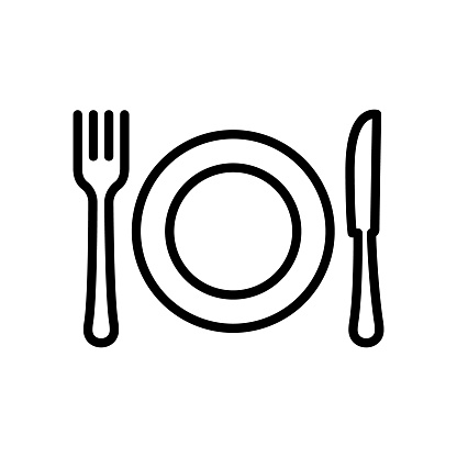 Dining Knife Plate Fork Silverware Sign. Dishware Cafe Food Lunch Flat Symbol. Restaurant Metal Cutlery for Dinner Line Pictogram. Fork Knife Plate Black Outline Icon. Isolated Vector Illustration.