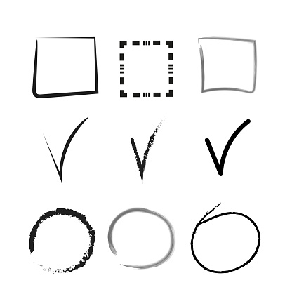 Set of different black and white vector check marks or ticks in circles conceptual of confirmation acceptance positive passed voting agreement true or completion of tasks on a list. Vector illustration