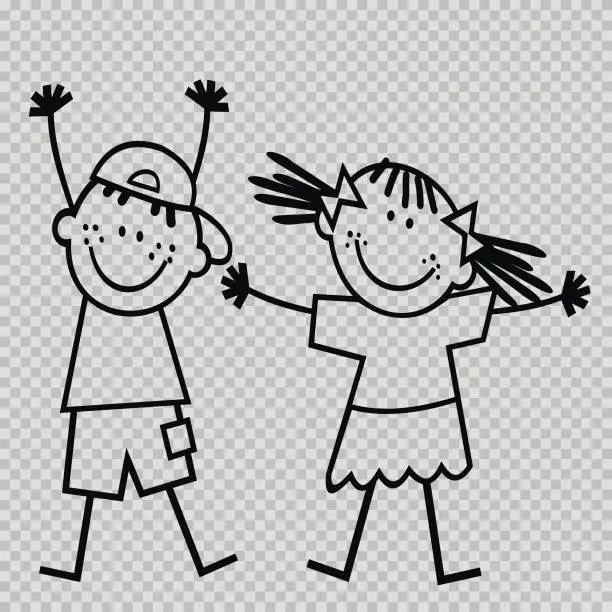Vector illustration of Boy with girl, happy kids, line art, label, eps.