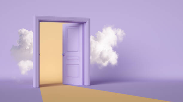 istock 3d rendering, White cloud is hiding behind the opening double doors inside the light violet room. Architectural or interior element. Modern minimal background. Dream metaphor 1409058388
