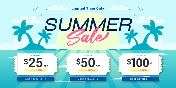 Summer sale coupon template banner vector design. Rising sun on the sea