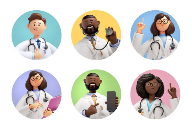 3d render, doctor avatar collection, set of round stickers with cartoon character faces, user id thumbnail, modern icons for social account design. Portrait circles isolated on white background renderizado 3d, colección de avatares de doctores, conjunto de pegatinas redondas con caras de personajes de dibujos animados, miniatura de identificación de usuario, iconos modernos para el diseño de cuentas sociales. círculos de retrato aislados sobr
