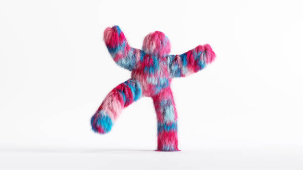istock 3d rendering, colorful furry beast cartoon character isolated on white background, happy active pose with hands up. Colorful pink blue hairy monster dancing. Person wears mascot costume 1409058439
