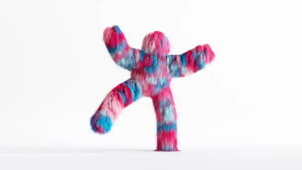Photo of 3d rendering, colorful furry beast cartoon character isolated on white background, happy active pose with hands up. Colorful pink blue hairy monster dancing. Person wears mascot costume