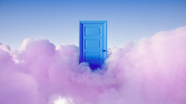 istock 3d rendering, closed blue door and pink clouds in the sky. Abstract minimal background 1409058631