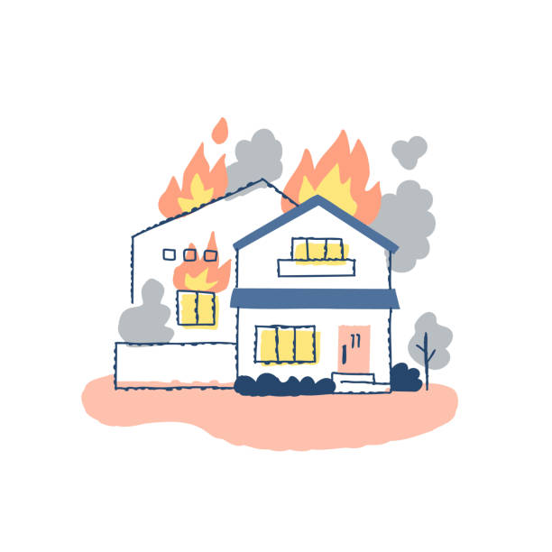 ilustrações, clipart, desenhos animados e ícones de casa danificada pelo fogo - evacuação e relocação