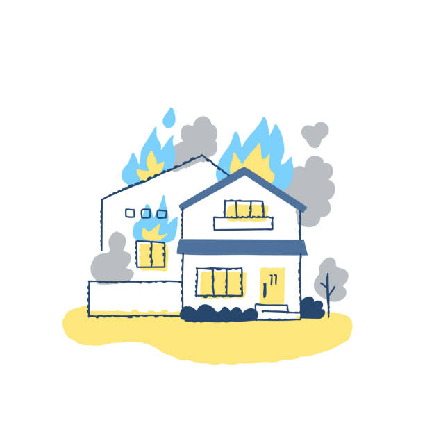 ilustrações, clipart, desenhos animados e ícones de casa danificada pelo fogo - evacuação e relocação