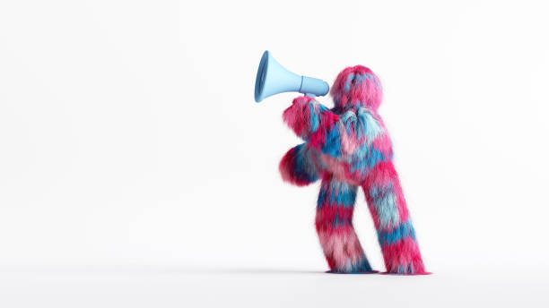 3d rendering, colorful hairy Yeti cartoon character holds megaphone, funny furry toy, mockup isolated on white background. News concept 3d rendering, colorful hairy Yeti cartoon character holds megaphone, funny furry toy, mockup isolated on white background. News concept fur protest stock pictures, royalty-free photos & images