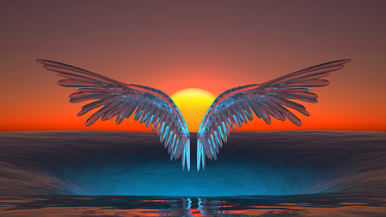 glass wings soar over in the sea hole at sunset. 3d rendering