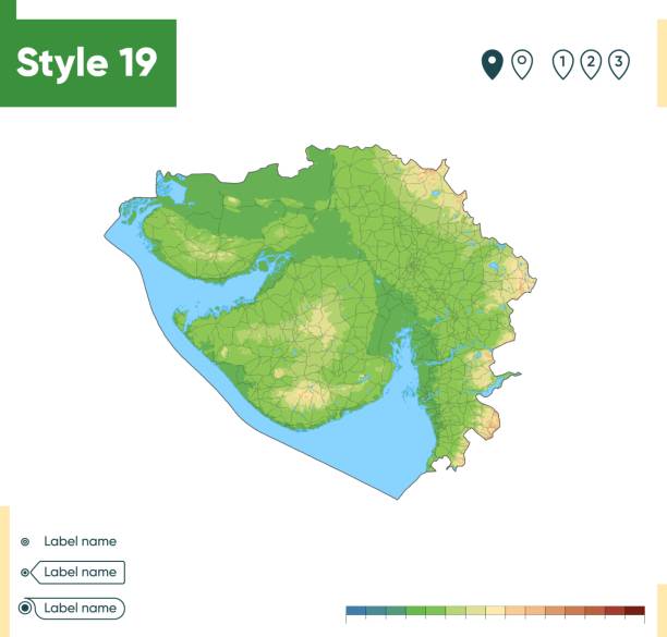 gujarat, indien - hochdetaillierte physikalische karte. vektorkarte. dem map. - horizontal landscape coastline gujarat stock-grafiken, -clipart, -cartoons und -symbole