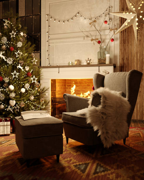 istock Christmas living room with a tree and fireplace. 3d rendering 1409061847