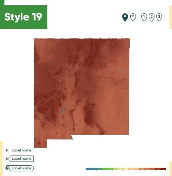 Vector illustration of New Mexico, USA - high detailed physical map. Vector map. Dem map.