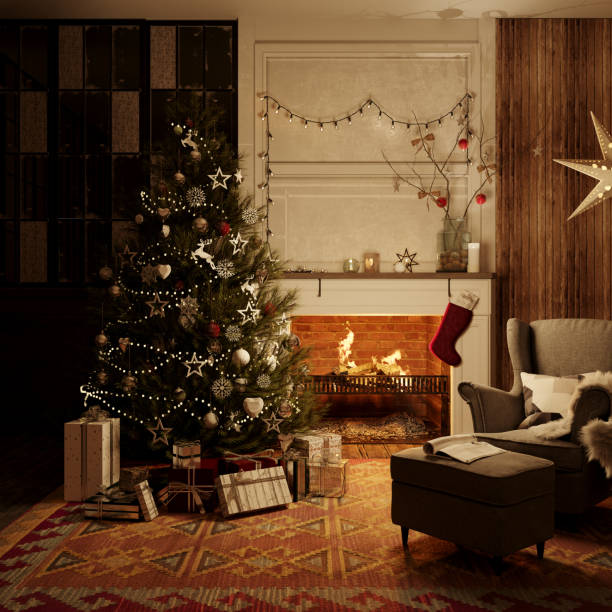 istock Christmastime living room interior. 3d rendering. Classic style 1409062599
