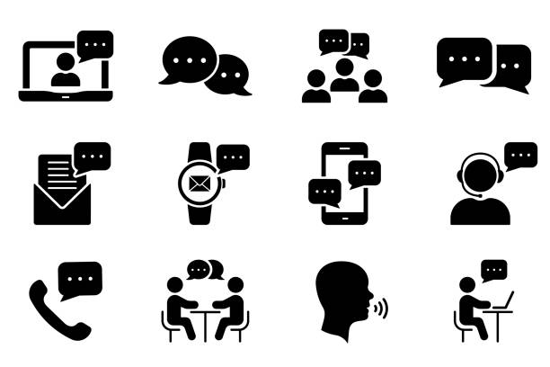 ilustraciones, imágenes clip art, dibujos animados e iconos de stock de la gente de la comunidad habla sobre la colaboración de la conferencia en línea glyph pictogram. mensaje de texto de la persona en el chat, conversación de entrevista, conjunto de iconos de silueta de burbuja de voz de comunicación. ilustración vector - interview
