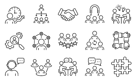 Group Team Network Line Icon Set. Community Business People Work Process Linear Pictogram Collection. Time Management, Service Management Outline Icon. Editable Stroke. Isolated Vector Illustration.