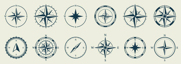 windrose silhouette icon set. kompass nautischer navigator kartographie glyphen-piktogramm. rose wind navigator symbol. adventure direction zum north south west east sign. isolierte vektorillustration - direction drawing compass map work tool stock-grafiken, -clipart, -cartoons und -symbole