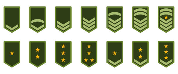 illustrazioni stock, clip art, cartoni animati e icone di tendenza di icona del grado dell'esercito. distintivo militare insegne simbolo verde. logo chevron yellow star and stripes. soldato sergente, maggiore, ufficiale, generale, tenente, colonnello emblema. illustrazione vettoriale isolata - military rank badge marines