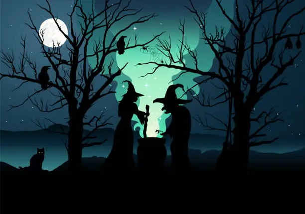 Vector illustration of Witches making a potion in cauldron, halloween Background