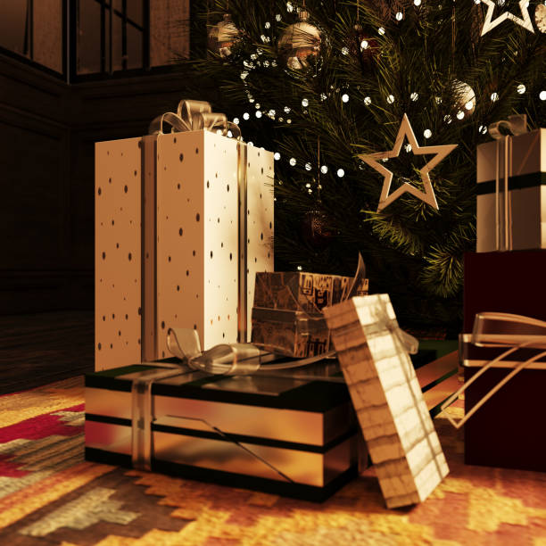 Christmas greeting card with a Christmas tree on beige spotted,  watercolor background and copy space. Watercolor effect on a 3D rendered image.