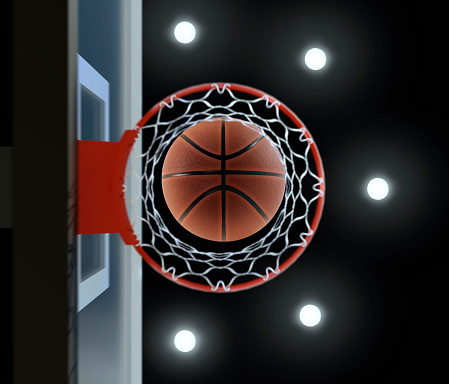 3D rendering of basketball on the hoop and lighting from the canopy stadium