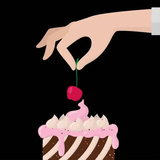 Vector illustration of The chef's hand decorates the cake. Cherry on top. Vector illustration. Flat.