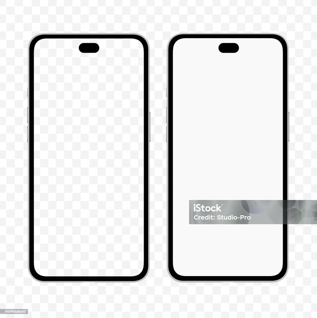 Phone mockup similar to iphone Frontal iphone 14 mockup template with empty screen. Minimal iphone vector mock up without a notch around the front camera Brand Name Smart Phone stock vector