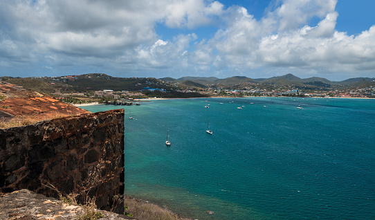 A scenic view of Rodney Bay from  the mountaintop of Pigeon Island in Saint Lucia.