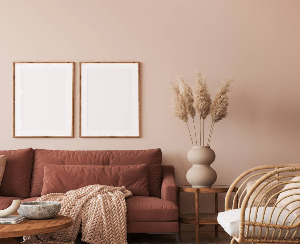 istock Cozy living room design, poster frame mockup in warm interior design space 1409069739