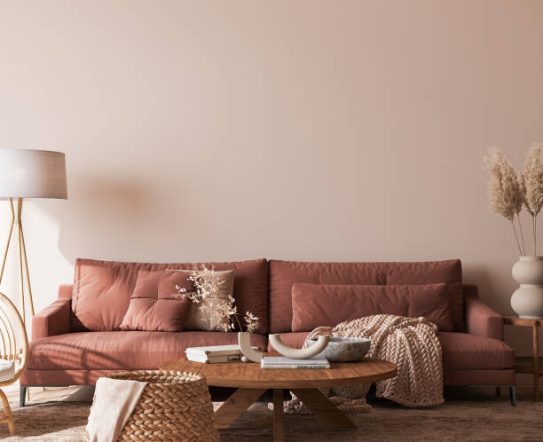 istock Cozy living room design, empty wall mockup in warm interior design space 1409069750