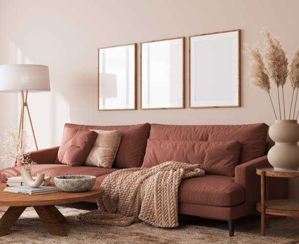 istock Cozy living room design, poster frame mockup in warm interior design space 1409069823