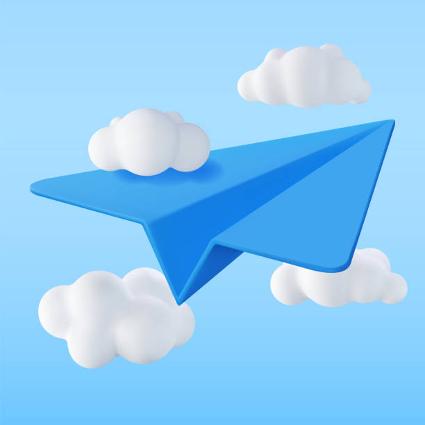 ilustraciones, imágenes clip art, dibujos animados e iconos de stock de plano de papel azul 3d en el cielo con nubes - avión de papel