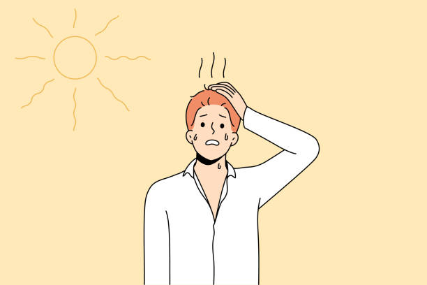 Unhealthy man suffer from heatstroke Unhealthy man standing under sun feel dehydrated and overheated in hot weather. Sick male struggle with heatstroke during summer. Health problem. Vector illustration. hot male drawing stock illustrations