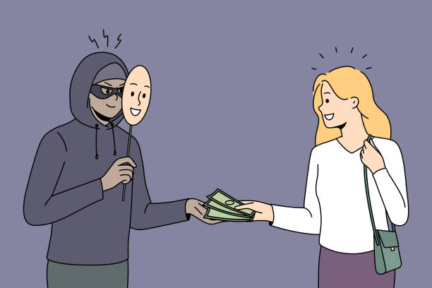 Woman give money to scammer vector art illustration