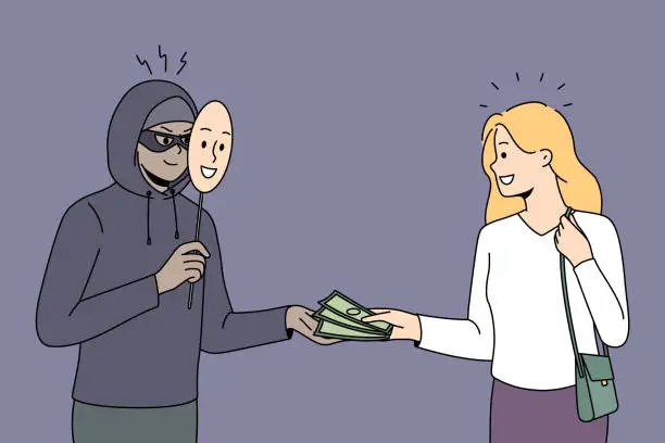 Vector illustration of Woman give money to scammer