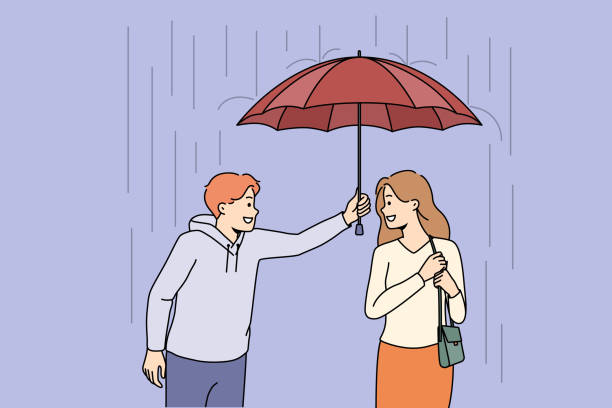 illustrazioni stock, clip art, cartoni animati e icone di tendenza di l'uomo premuroso protegge la donna dalla pioggia con l'ombrello - stagione delle piogge