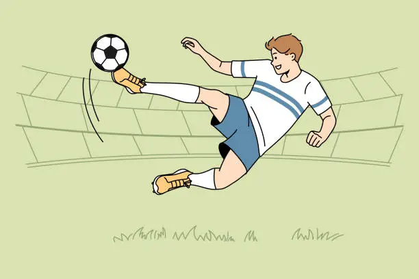 Vector illustration of Footballer kick ball on field