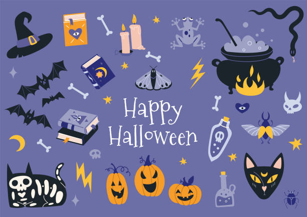 ilustrações de stock, clip art, desenhos animados e ícones de happy halloween set with pumpkins, bat, decoration elements. bohemian mystical magic collection clip art. trendy modern vector illustration, hand drawn, flat - witch halloween cauldron bat