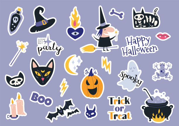 ilustraciones, imágenes clip art, dibujos animados e iconos de stock de feliz paquete de pegatinas de halloween con calabazas, murciélagos, elementos de decoración. clip art de la colección de magia mística bohemia. estilo de pegatina. ilustración vectorial moderna de moda, dibujada a mano, plana - witch halloween cauldron bat